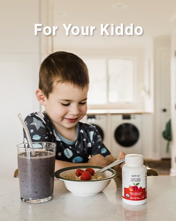 Matys Healthy Kids Products Boy eating oatmeal with Picky Kids Red Blend Fruit and Vegetable Powder