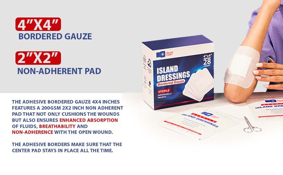 Bordered Gauze 4x4, box of 28 Sterile pouches, applied on arm 