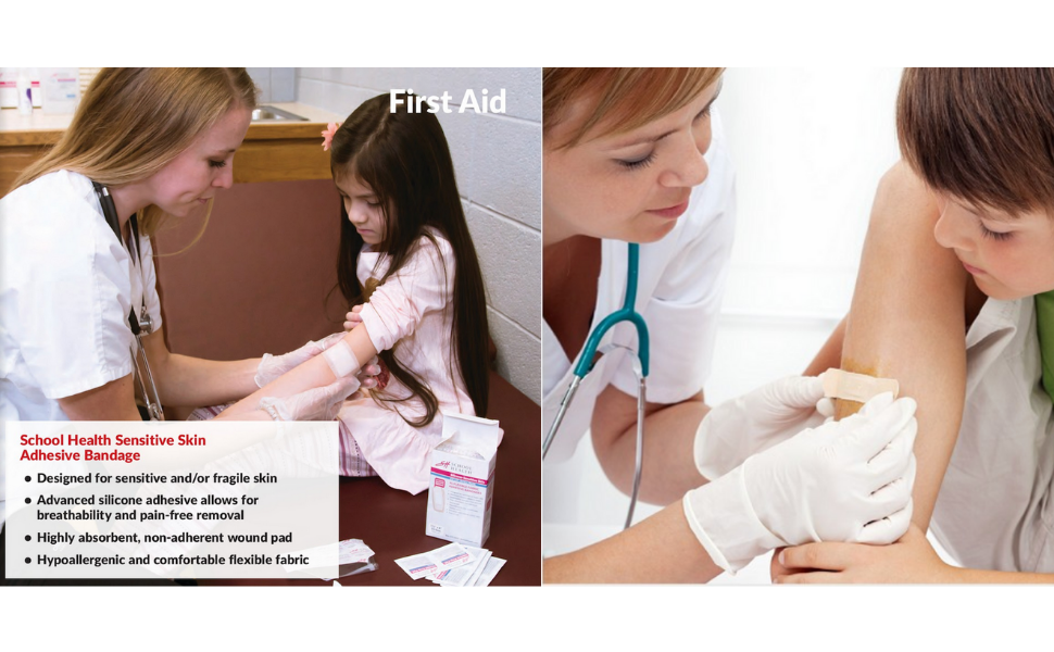 Image of school nurse putting bandage on student. 